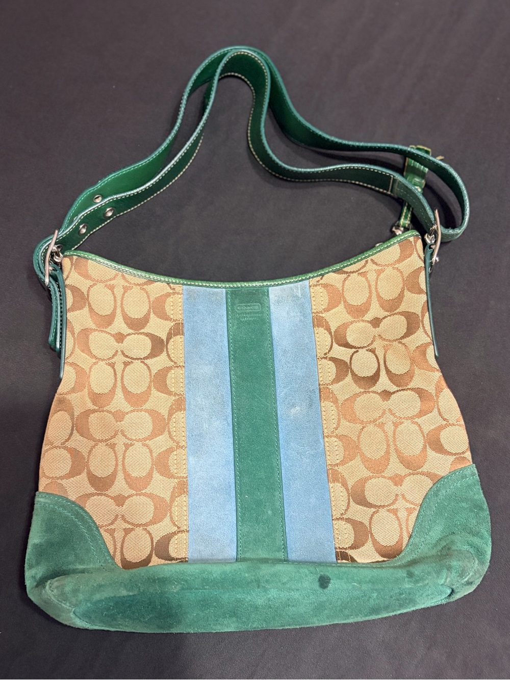 Coach Signature Jacquard Shoulder Bag with Green & Blue Stripes 12 by 11